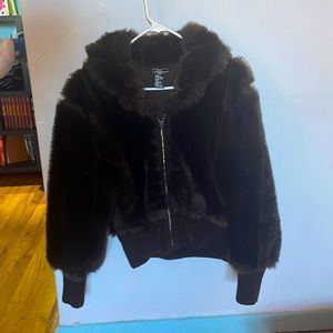 LISA International Faux-Mink Fur zip up coat. Dark espresso, crystal zipper